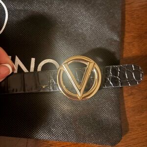 Valentino Black Crocodile Pattern Belt with Gold Buckle